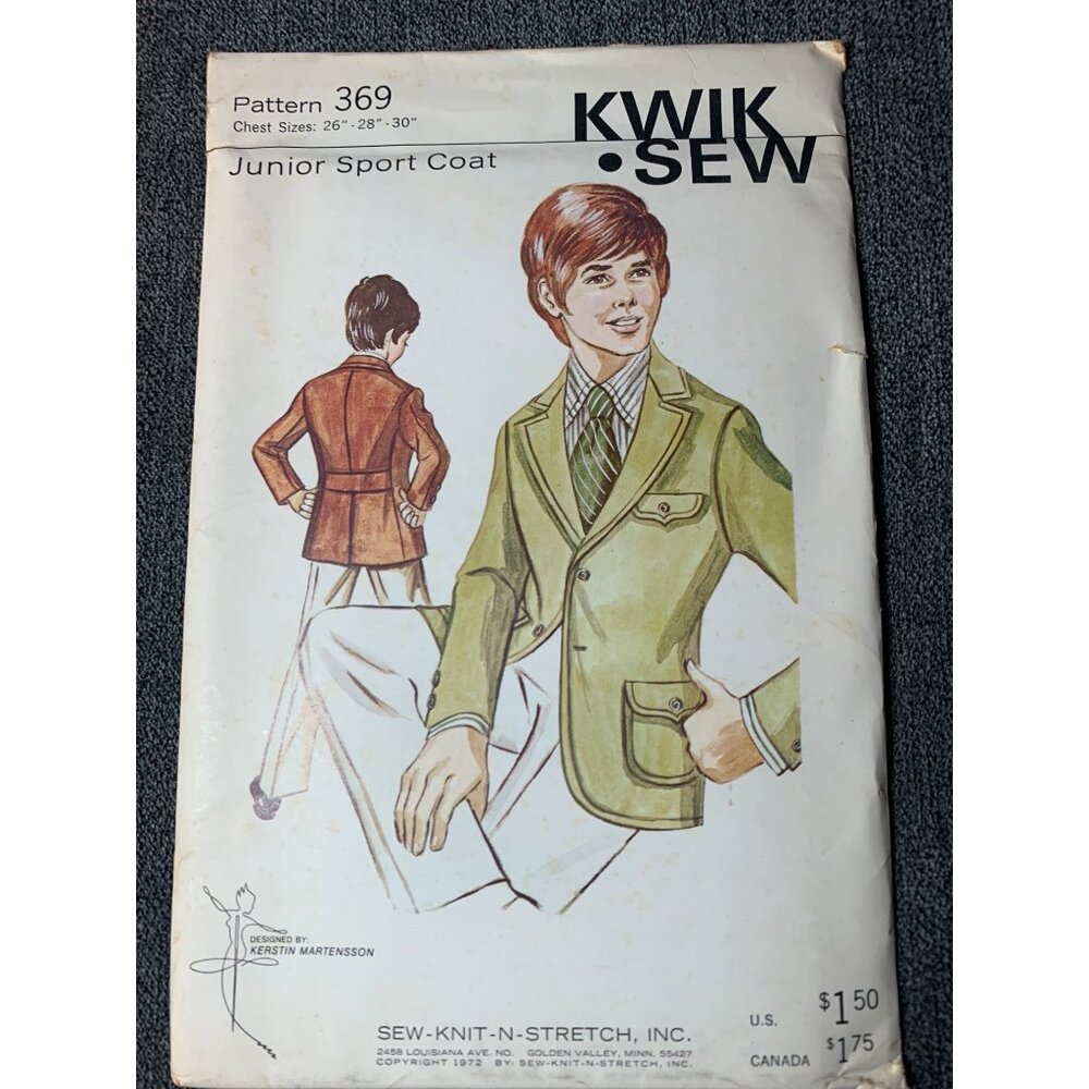 Kwik Sew Boys Junior Sport Coat Sewing Pattern Chest Size 26-30 369 - uncut 1970